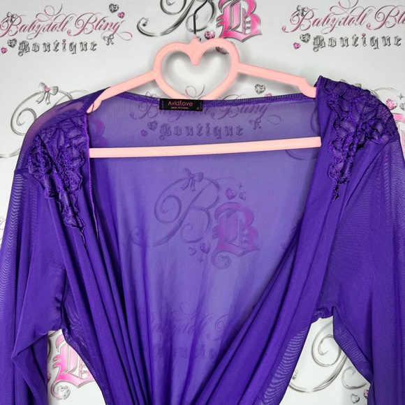 Avidlove robe kimono purple lace detail shiny trim detail mesh royal purple - Picture 3 of 13